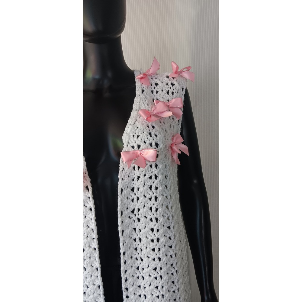 Handmade White Crochet Vest Sweater Longline Pink Bow Coquette Medium KS0296 - Picture 4 of 6